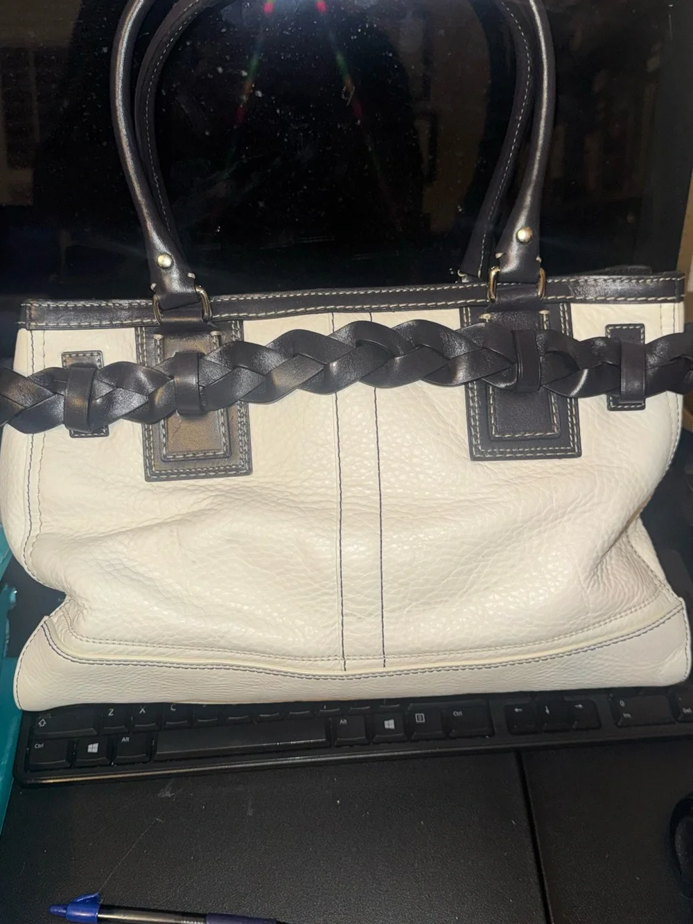 Coach Two-Tone White and Black Leather Satchel with Tassel New Never used